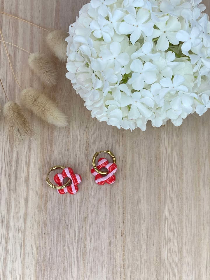Boucles d’oreilles fleur rayée rouge & rose - Femme
