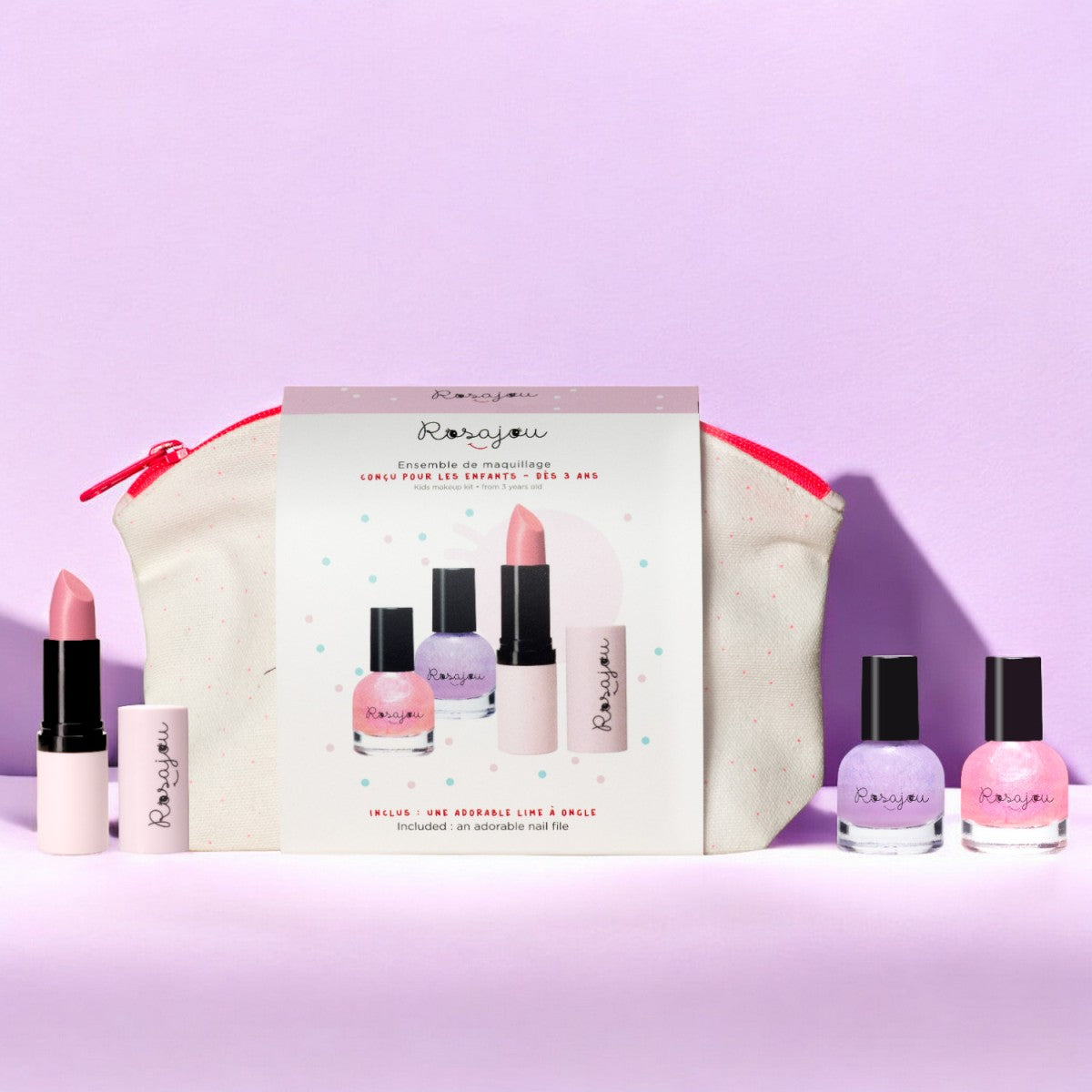 Trousse de maquillage, rouge à lèvres et deux vernis