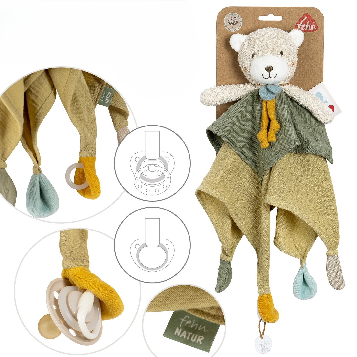 Doudou ours en coton Bio - attache tétine