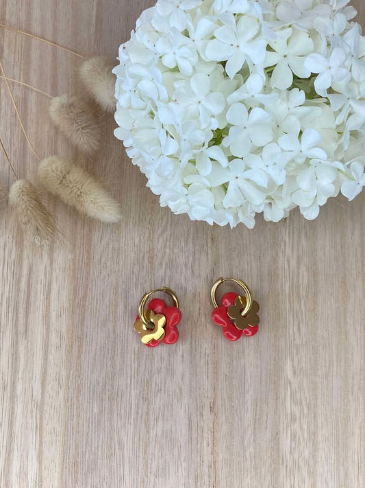 Boucles d’oreilles fleur dorée / Rouge - Femme