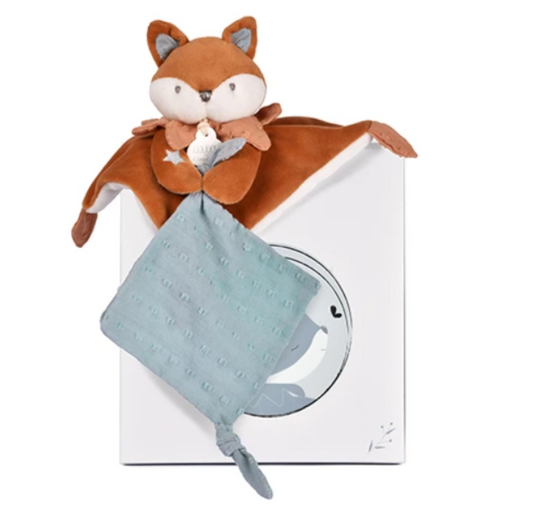Doudou plat Renard Timo avec attache sucette - 20 cm