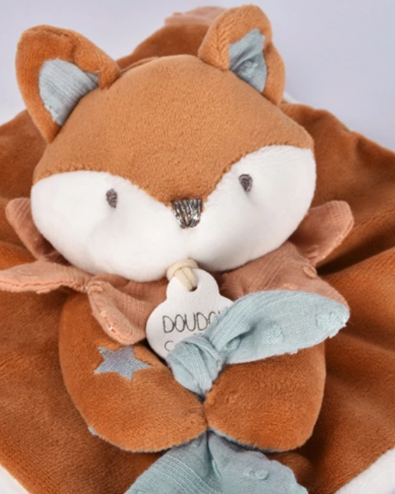 Doudou plat Renard Timo avec attache sucette - 20 cm