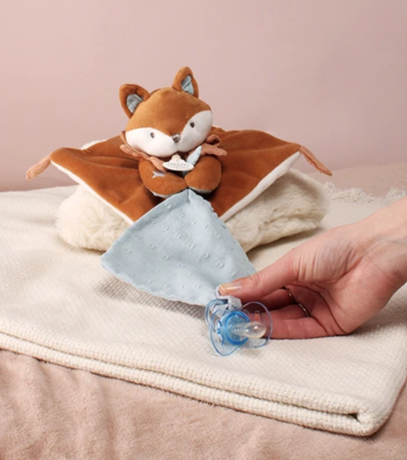 Doudou plat Renard Timo avec attache sucette - 20 cm