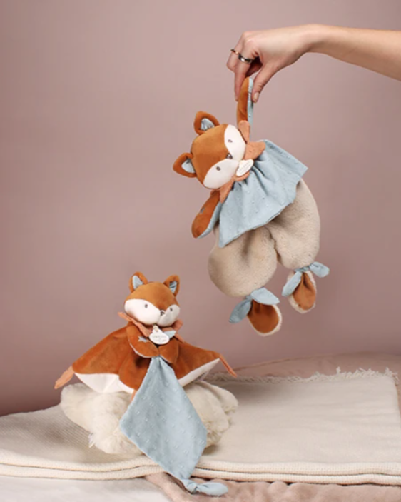 Doudou plat Renard Timo avec attache sucette - 20 cm