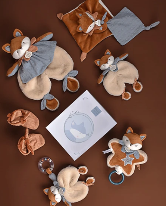 Doudou plat Renard Timo avec attache sucette - 20 cm