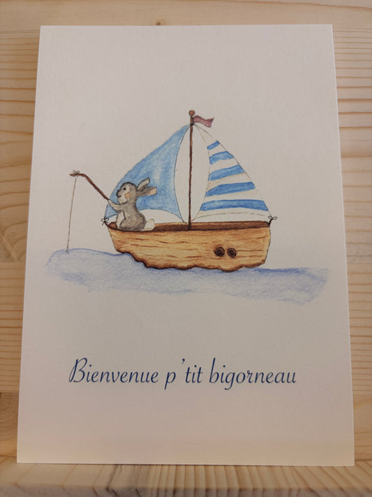 Carte Aquarelle bateau lapin