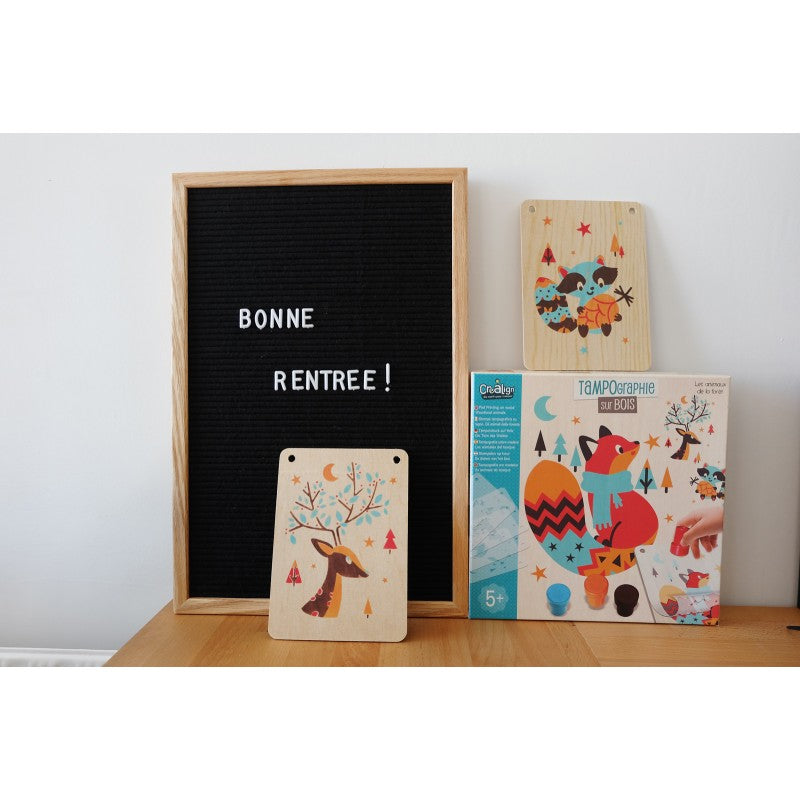 Tampographie sur bois "Animaux de la forêt"