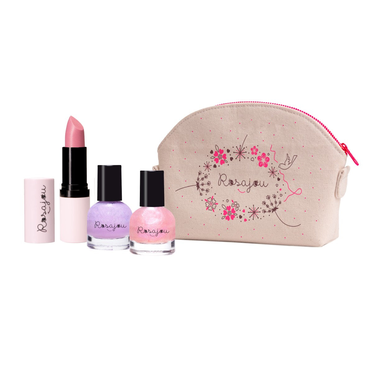 Trousse de maquillage, rouge à lèvres et deux vernis