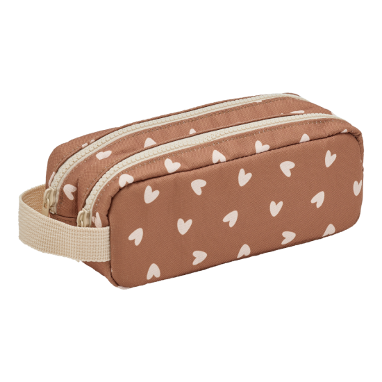 Trousse double - cœurs beige / Fond marron