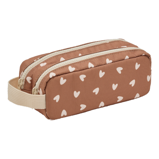 Trousse double - cœurs beige / Fond marron